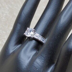 vintage silver tone rhodium plated cz solitaire ring size 6, NOS